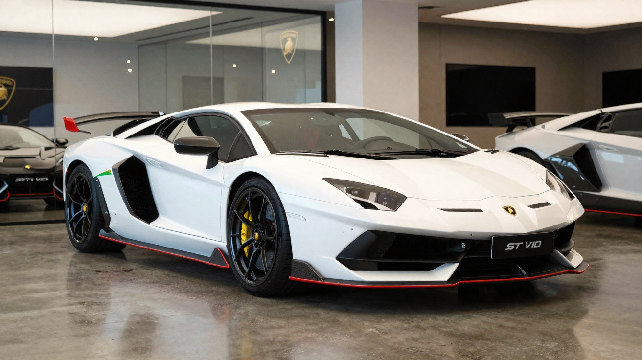 Carro esportivo branco Lamborghini Aventador SVJ com detalhes pretos e vermelhos em showroom.