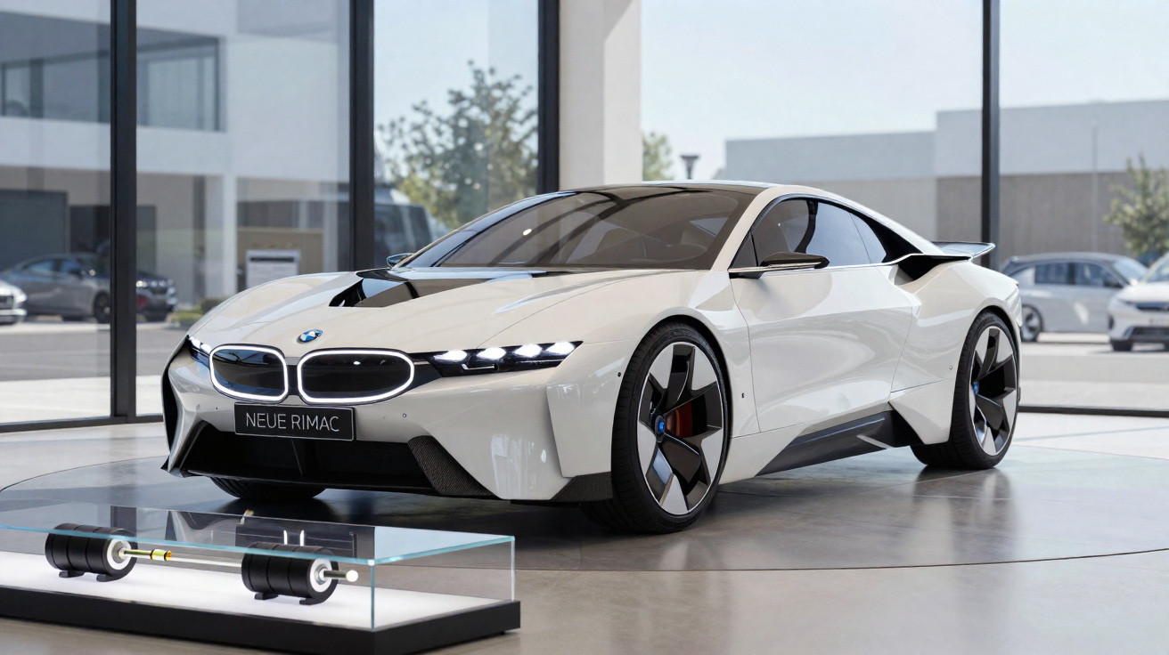 Carro esportivo branco BMW Neue Rimac exposto em salão moderno com rodas grandes e design aerodinâmico