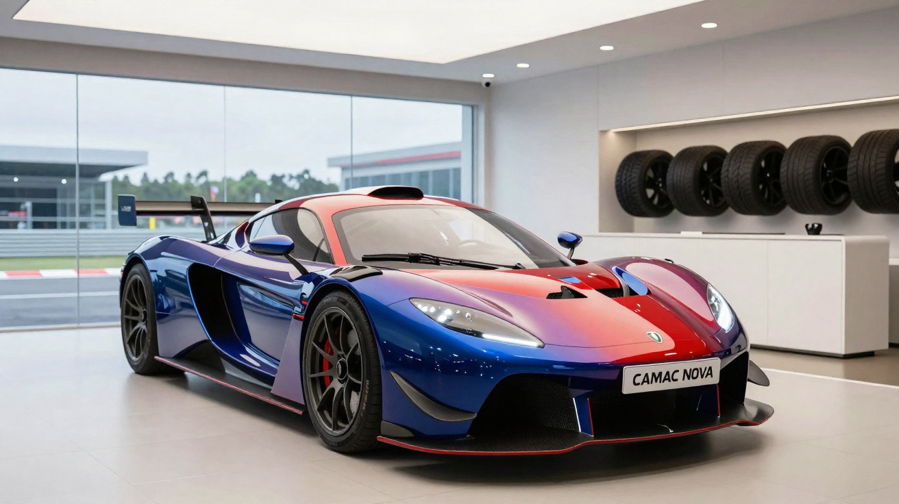 Carro esportivo azul e vermelho em showroom moderno com pneus expostos na parede ao fundo.