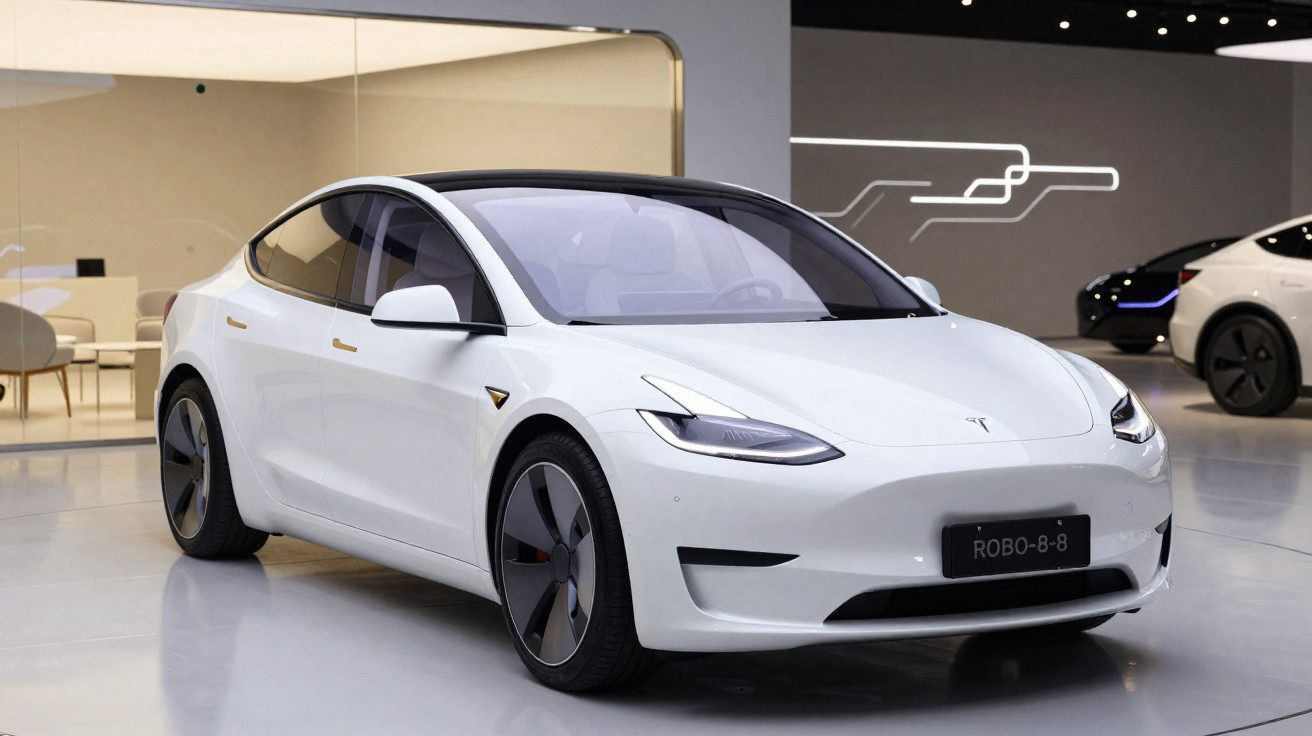 Carro elétrico branco Tesla Model 3 estacionado em showroom moderno com iluminação suave.