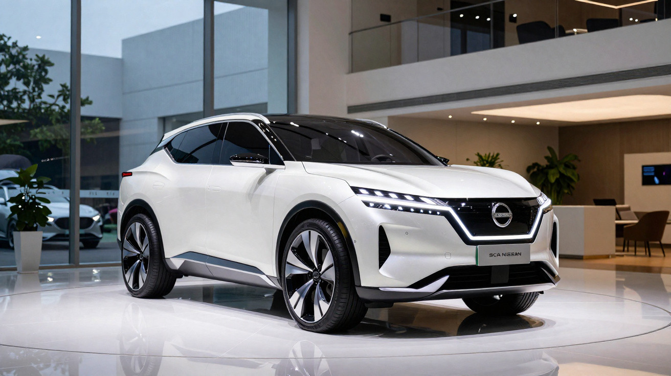 Carro elétrico branco Nissan Ariya exposto em showroom moderno com iluminação interna.