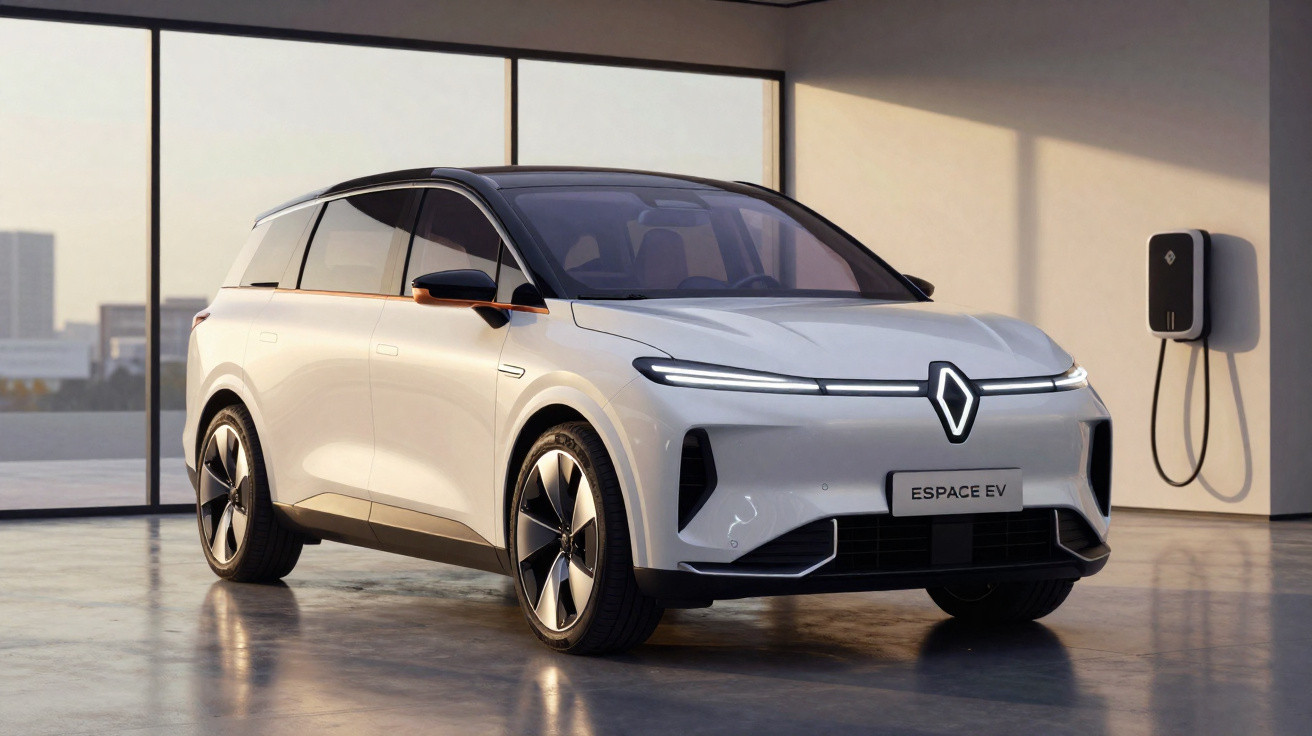 Carro elétrico branco Renault Espace EV estacionado em garagem com carregador na parede.