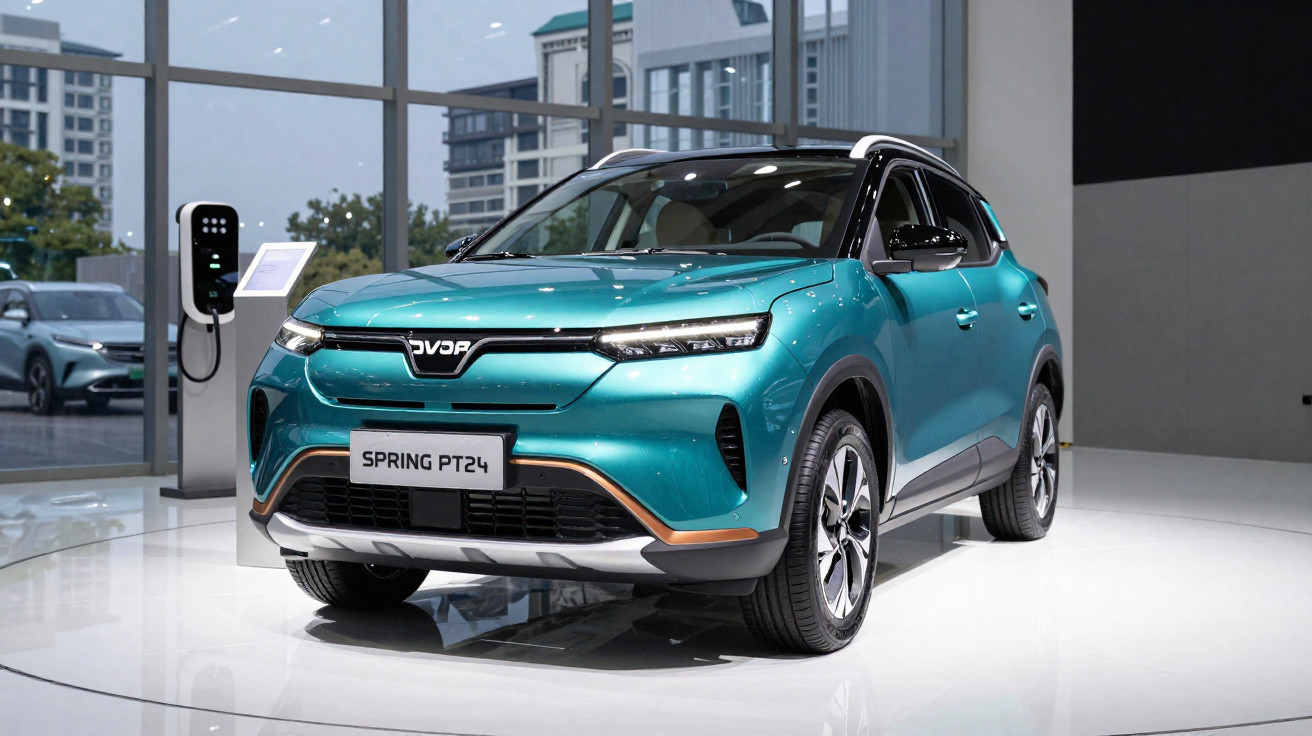 Carro elétrico azul Spring PT24 exibido em showroom moderno com estação de recarga ao fundo.