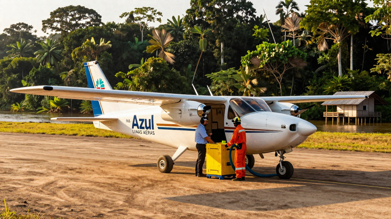 Avião da Azul pousado em pista de terra recebe abastecimento em área rural com vegetação ao fundo.