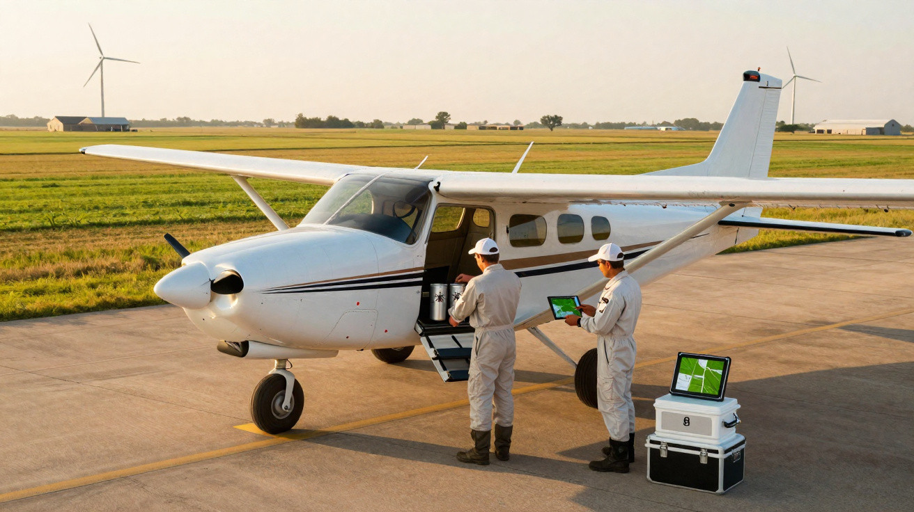 Dois técnicos inspecionam equipamento em avião pequeno estacionado em pista, com turbinas eólicas ao fundo.