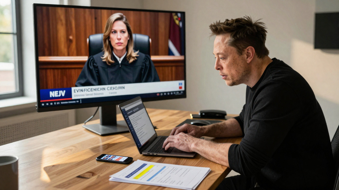 Homem sentado à mesa trabalhando em notebook, com julgamento sendo transmitido na TV ao fundo.