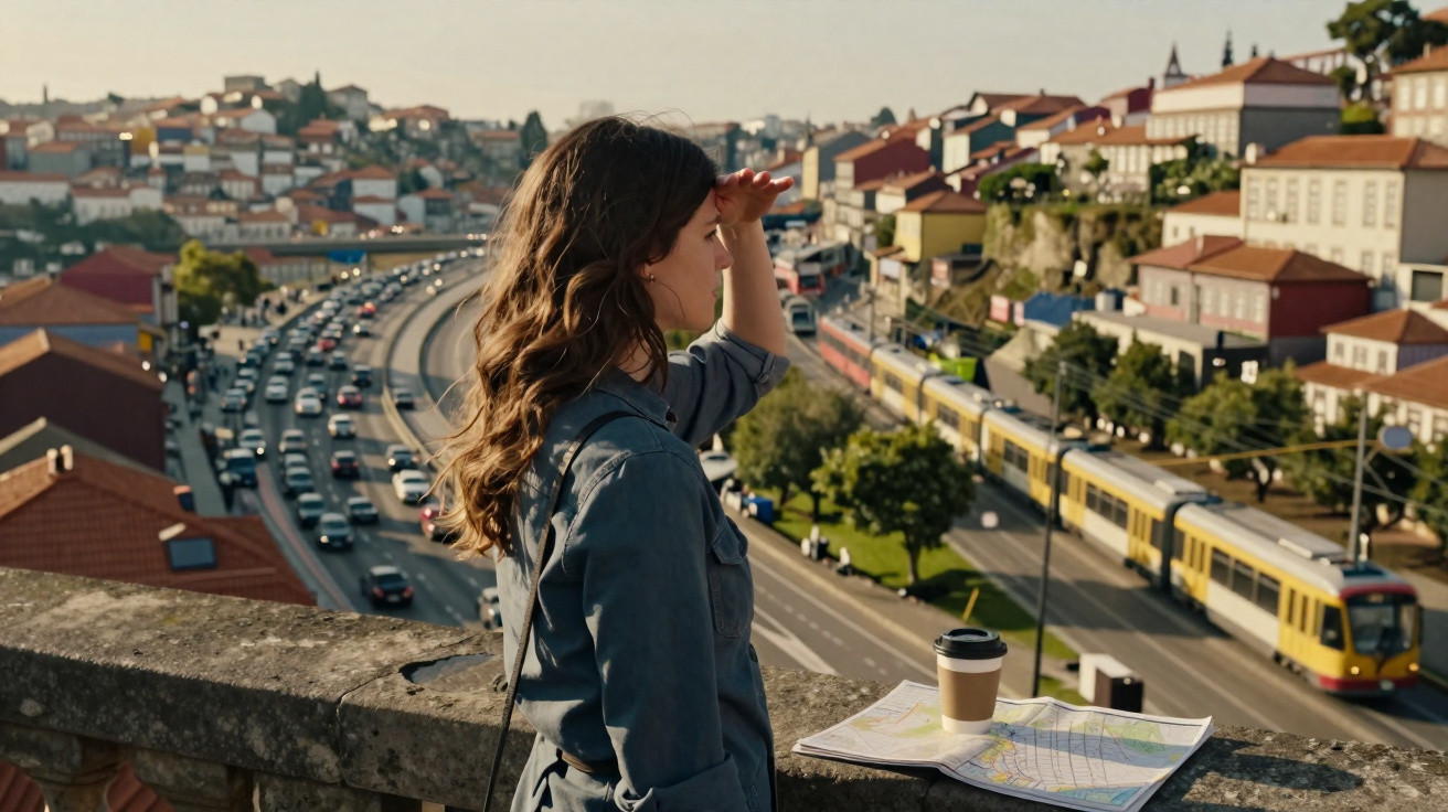 Mulher observa cidade do alto, mapa e café sobre muro, com trânsito e trem ao fundo em dia ensolarado.