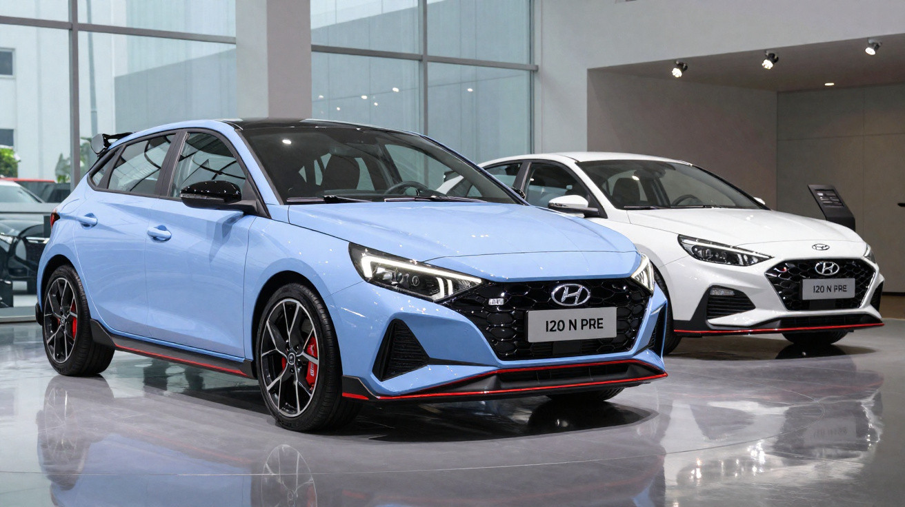 Dois carros Hyundai i20 N PRE, um azul à frente e um branco ao fundo, exibidos em showroom moderno.
