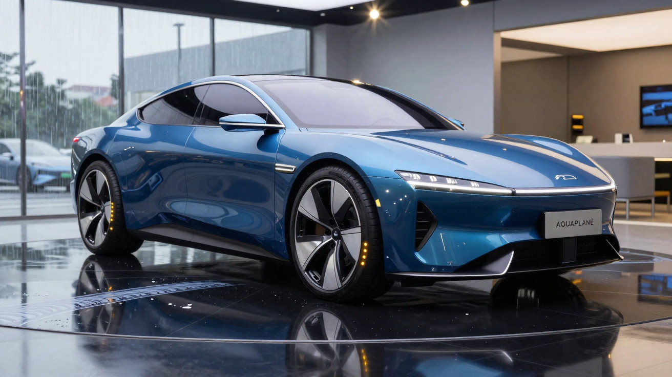 Carro esportivo azul futurista em exposição em ambiente interno com piso brilhante refletindo o veículo.