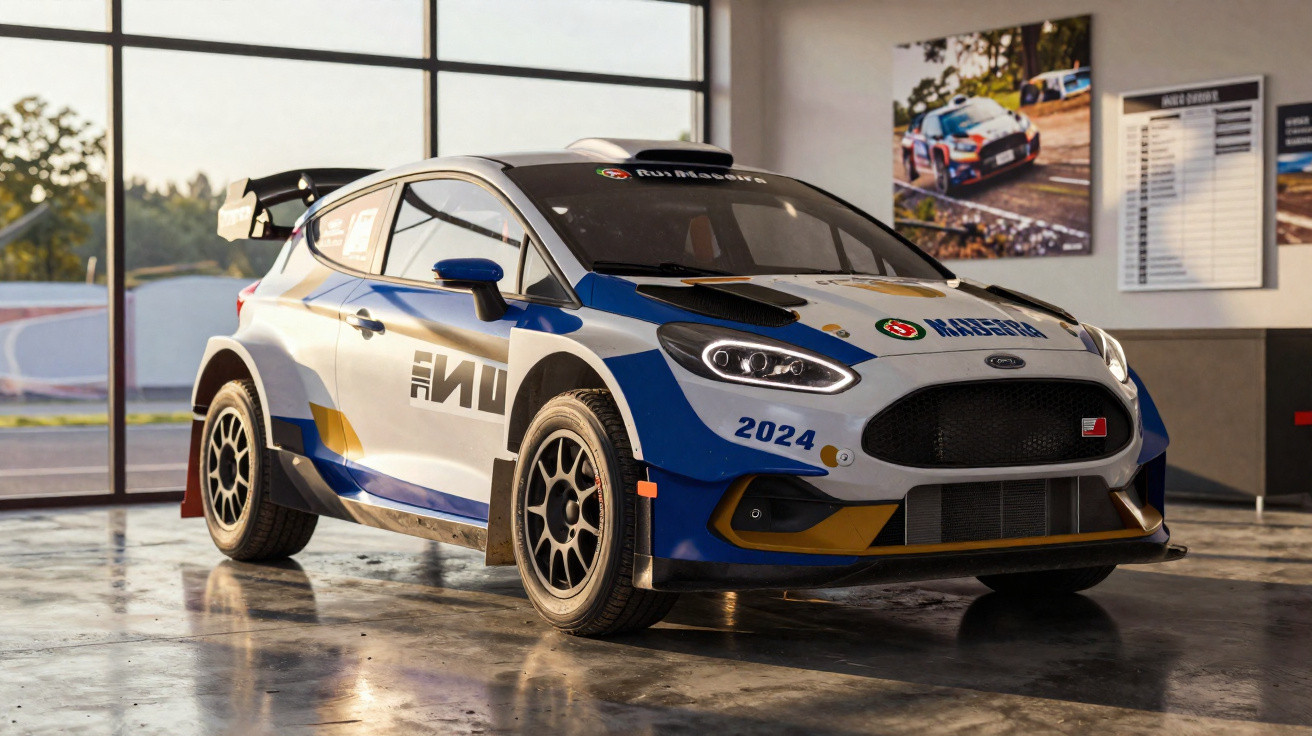 Carro de rally branco e azul com detalhes amarelos, exposto em garagem com piso brilhante.