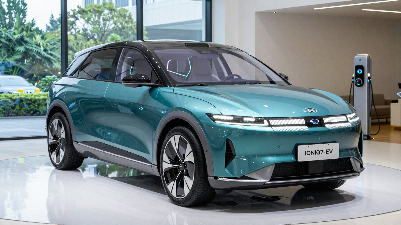 Carro elétrico verde modelo IONIQ7-EV exibido em showroom moderno com estação de carregamento ao fundo.