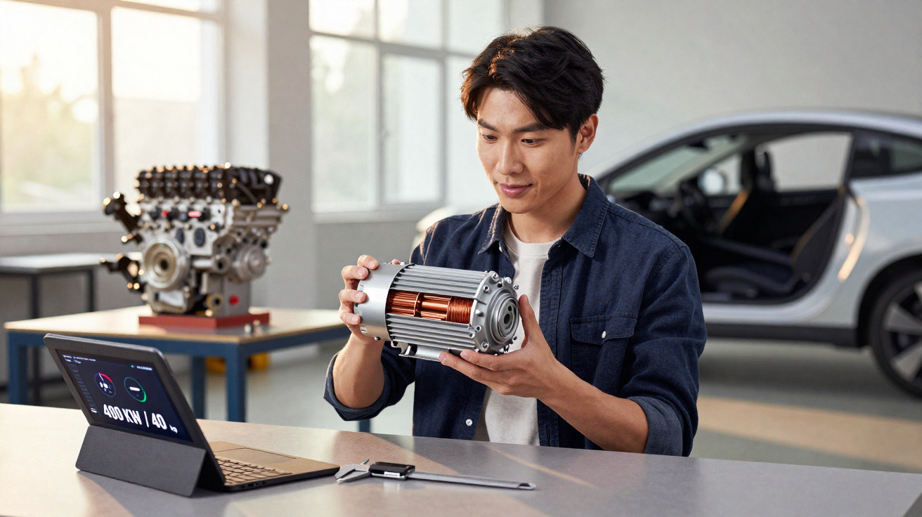 Jovem segurando motor elétrico, analisando dados em laptop, com carro elétrico e motor tradicional ao fundo.