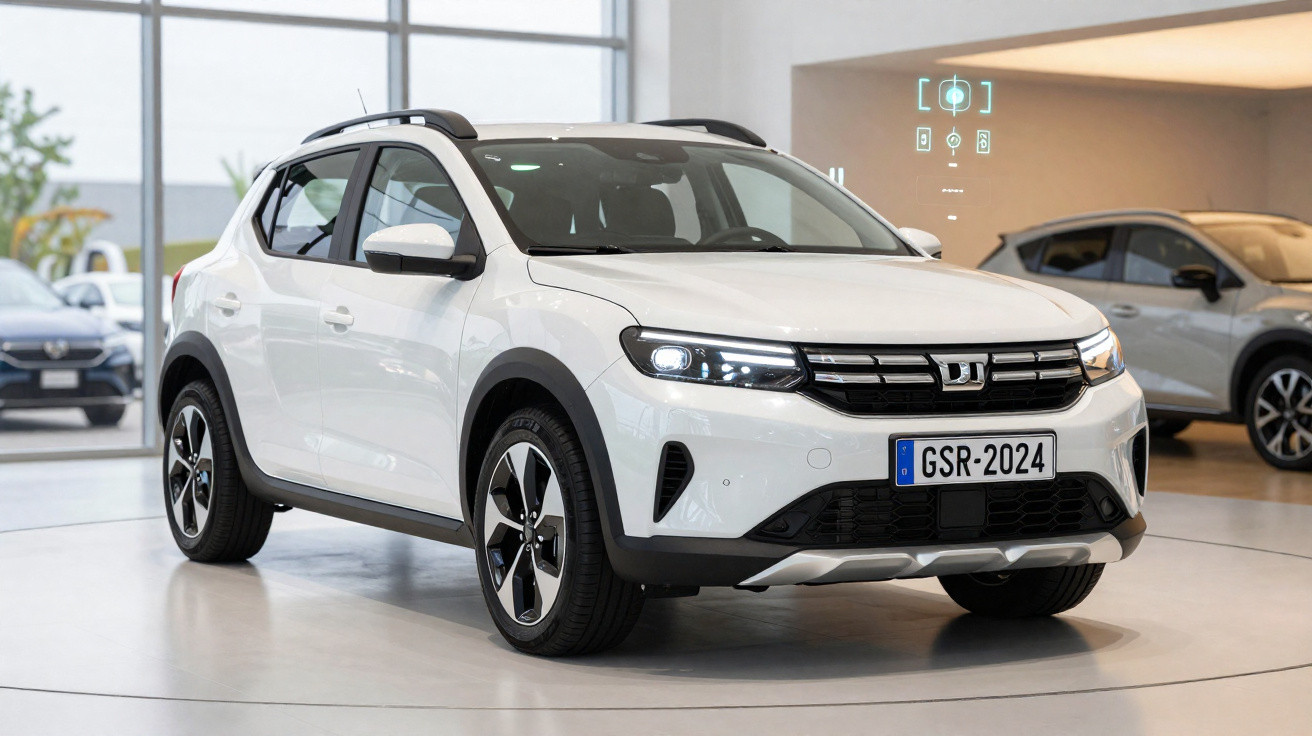 SUV branco moderno estacionado dentro de showroom com luzes acesas e placas de licença visíveis.