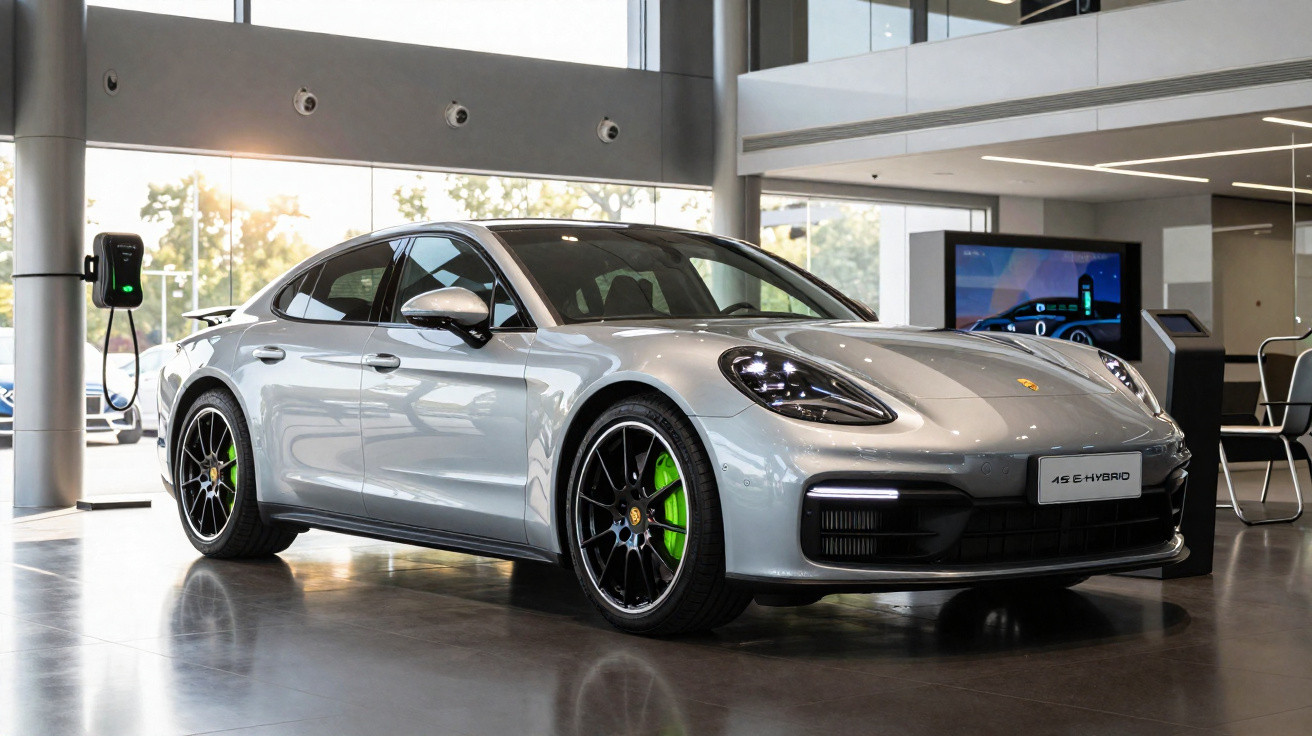 Carro esportivo híbrido prateado Porsche Panamera 4S E-Hybrid em showroom moderno iluminado.