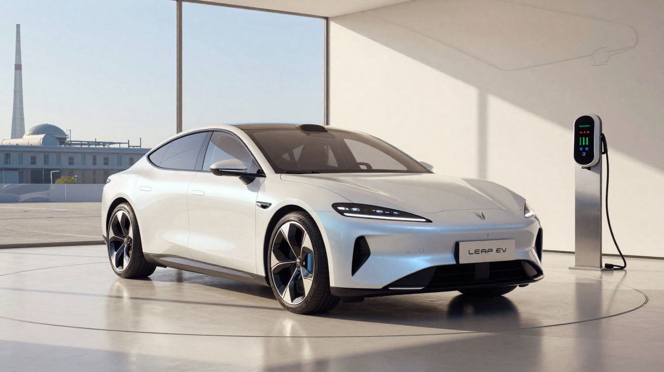 Carro elétrico branco LEAP EV estacionado em showroom moderno com estação de carregamento ao lado.