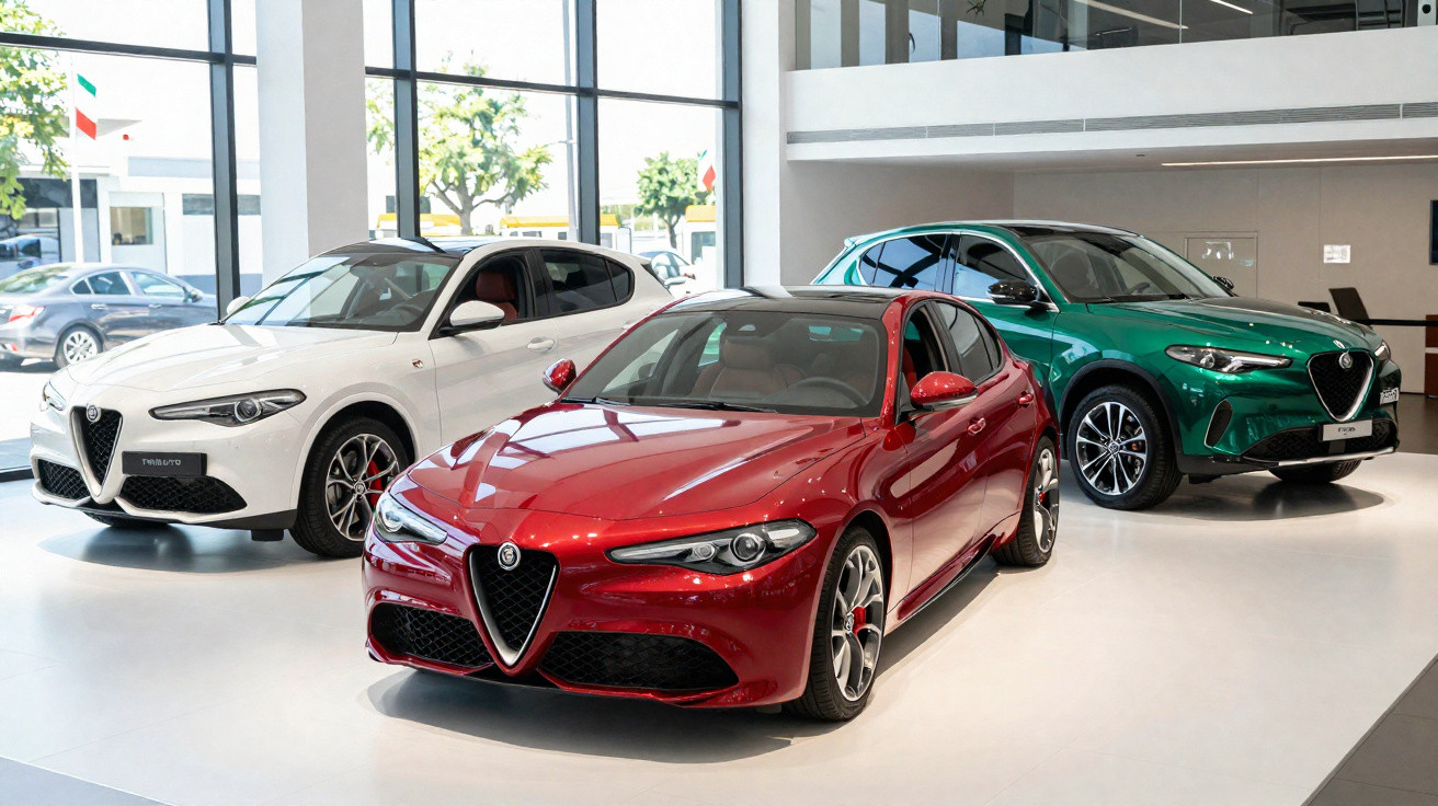 Três carros Alfa Romeo em exposição em showroom com grandes janelas e piso branco.