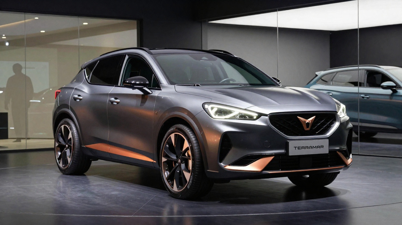 Carro SUV cinza metálico modelo Cupra Terramar estacionado em showroom com iluminação interna.