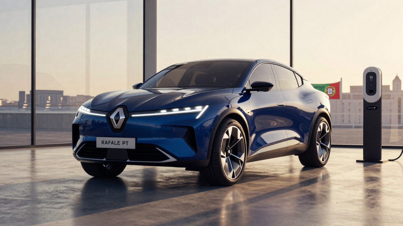 Carro elétrico azul Renault Rafale PT estacionado em ambiente interno com carregador ao lado e janela grande ao fundo.