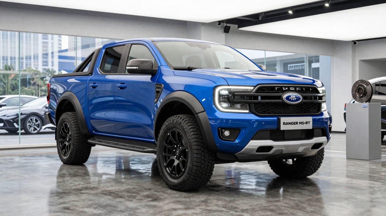 Picape azul Ford Ranger MS-RT em showroom moderno com piso de concreto polido e iluminação branca.