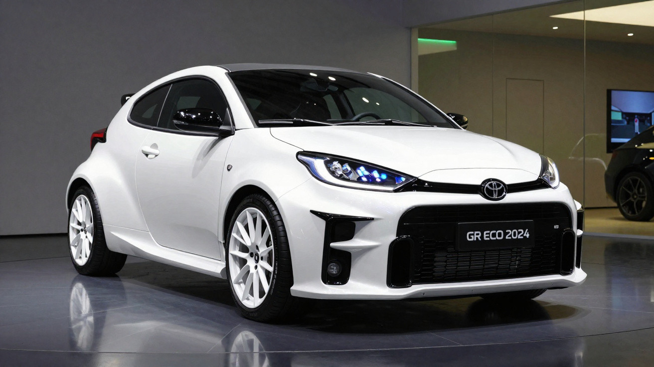 Carro esportivo branco Toyota GR Eco 2024 em exposição com iluminação moderna e rodas brancas.