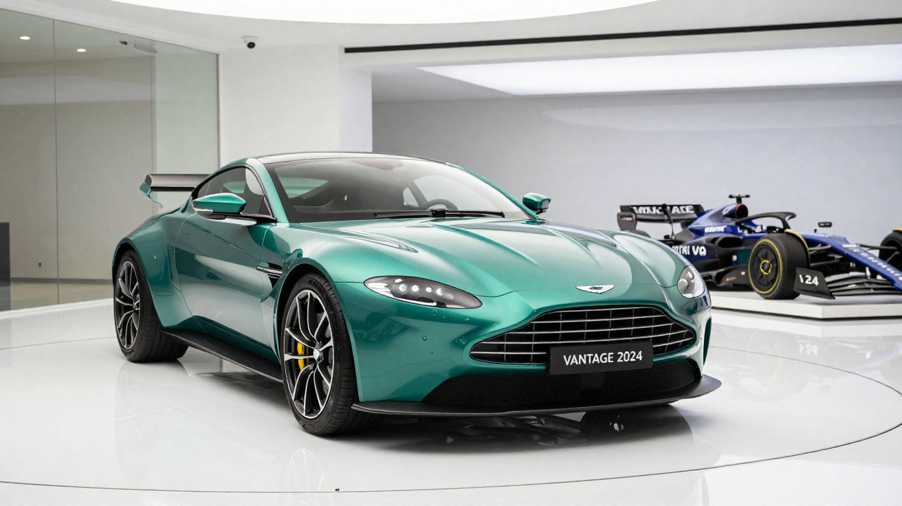 Carro esportivo verde Aston Martin Vantage 2024 exposto em showroom branco com carro de corrida ao fundo.
