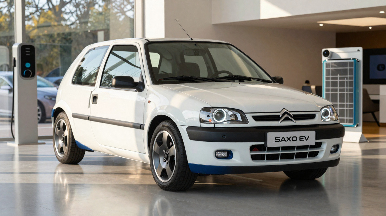 Carro elétrico Citroën Saxo EV branco estacionado em ambiente interno iluminado.