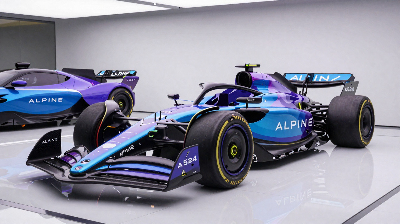 Carro de Fórmula 1 Alpine A524 azul e roxo exposto em showroom com outro carro ao fundo.