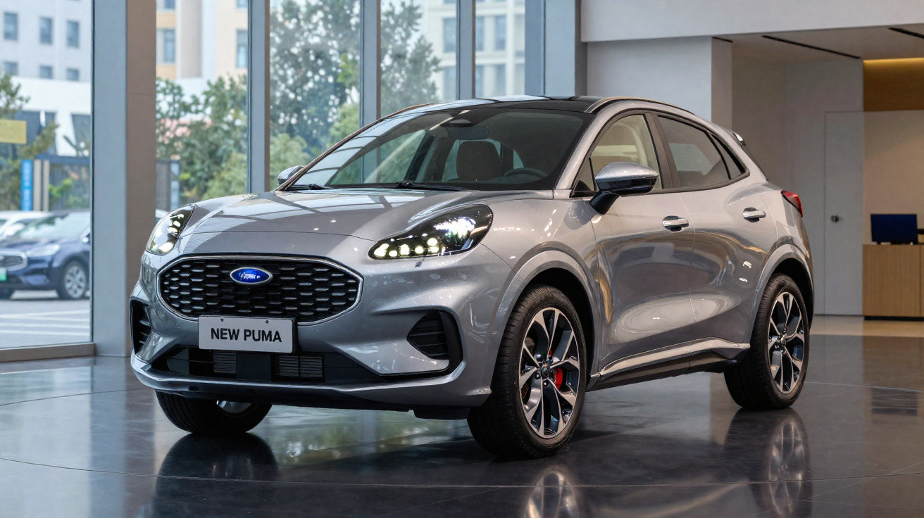 Carro Ford New Puma prata exibido em showroom moderno com janelas grandes e piso reflexivo.