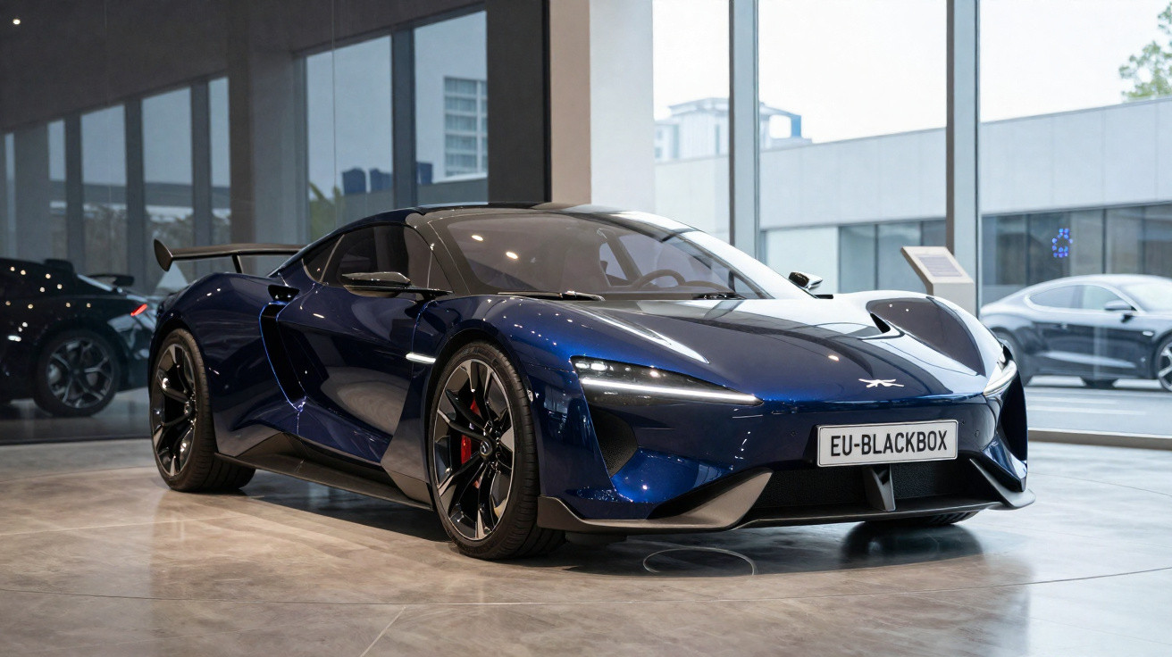 Carro esportivo azul escuro com design aerodinâmico exposto em showroom moderno.