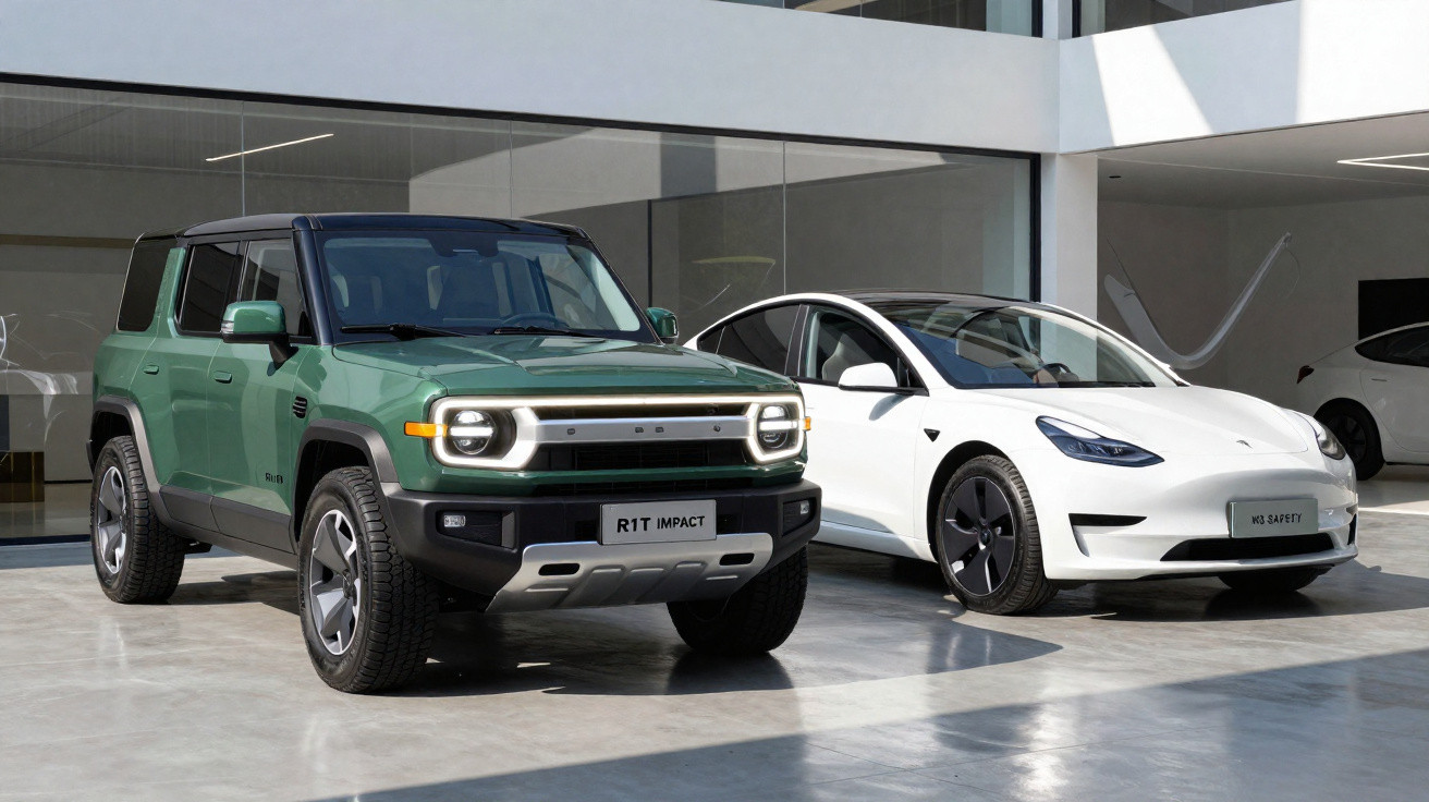 Dois carros elétricos estacionados lado a lado em showroom com piso cinza claro e paredes de vidro.