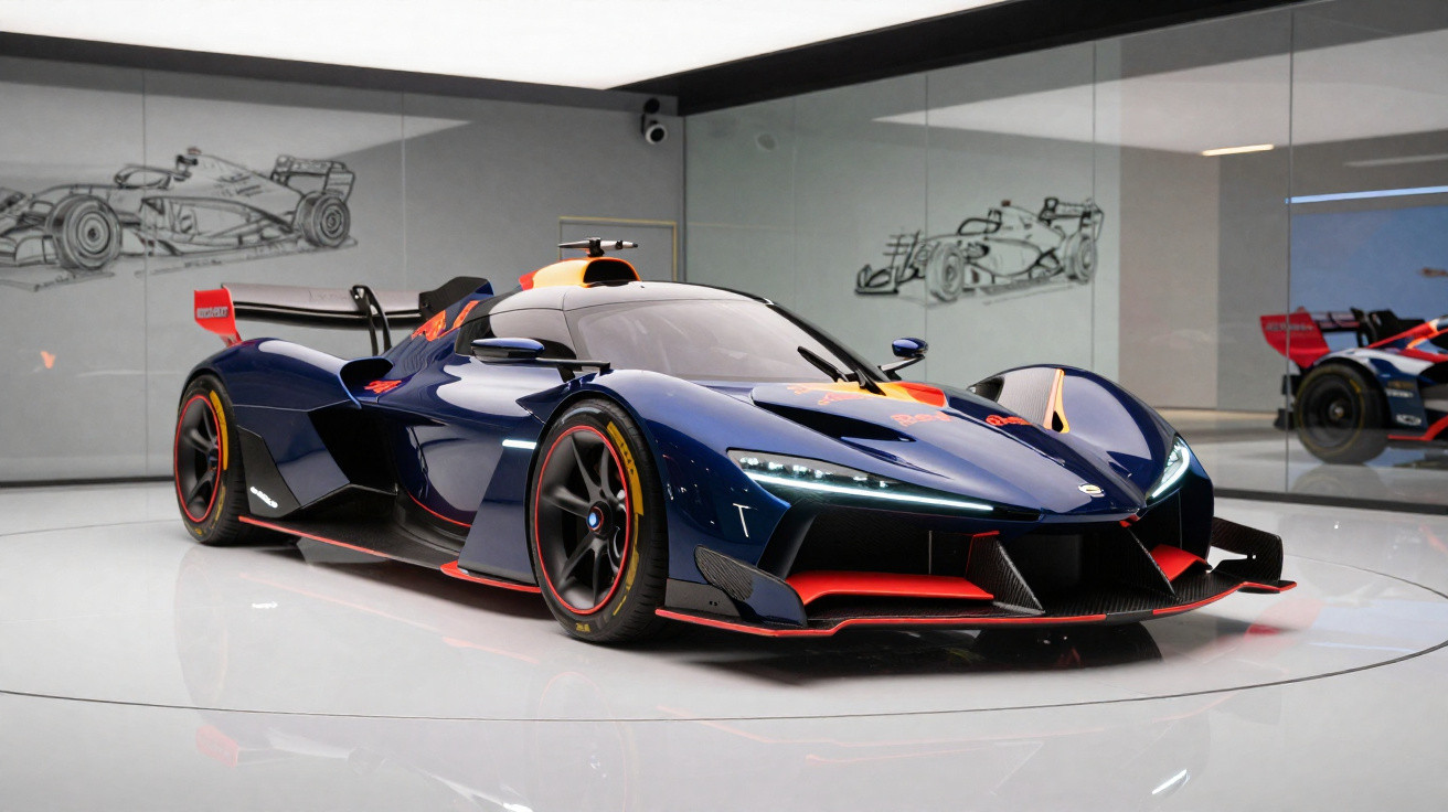 Carro de corrida esportivo azul e vermelho em exposição com desenhos de carros na parede ao fundo.