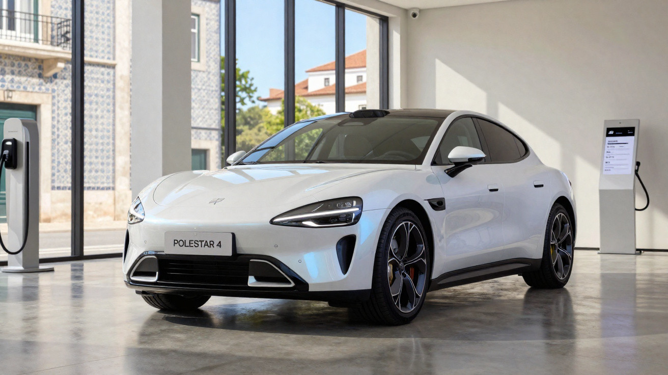 Carro elétrico branco Polestar 4 estacionado em showroom moderno com área de recarga visível.