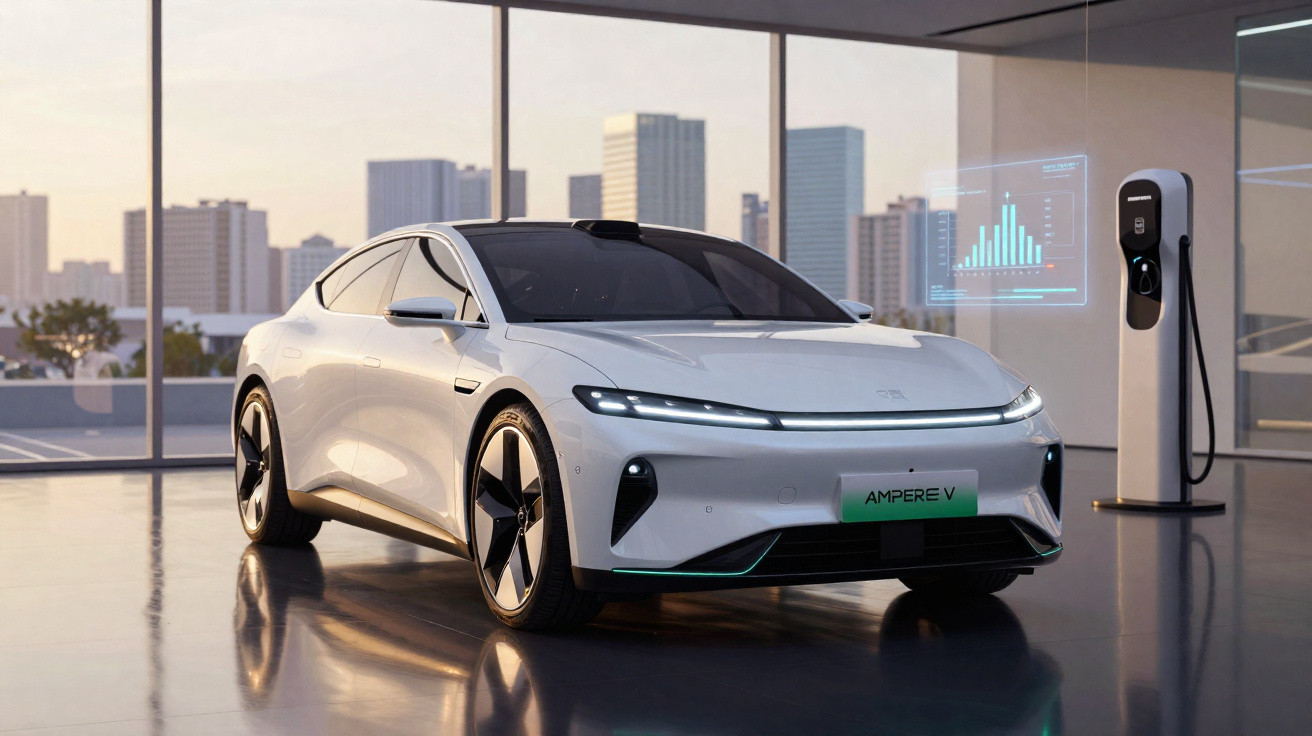 Carro elétrico branco estacionado em ambiente moderno com carregador e gráficos digitais ao fundo.
