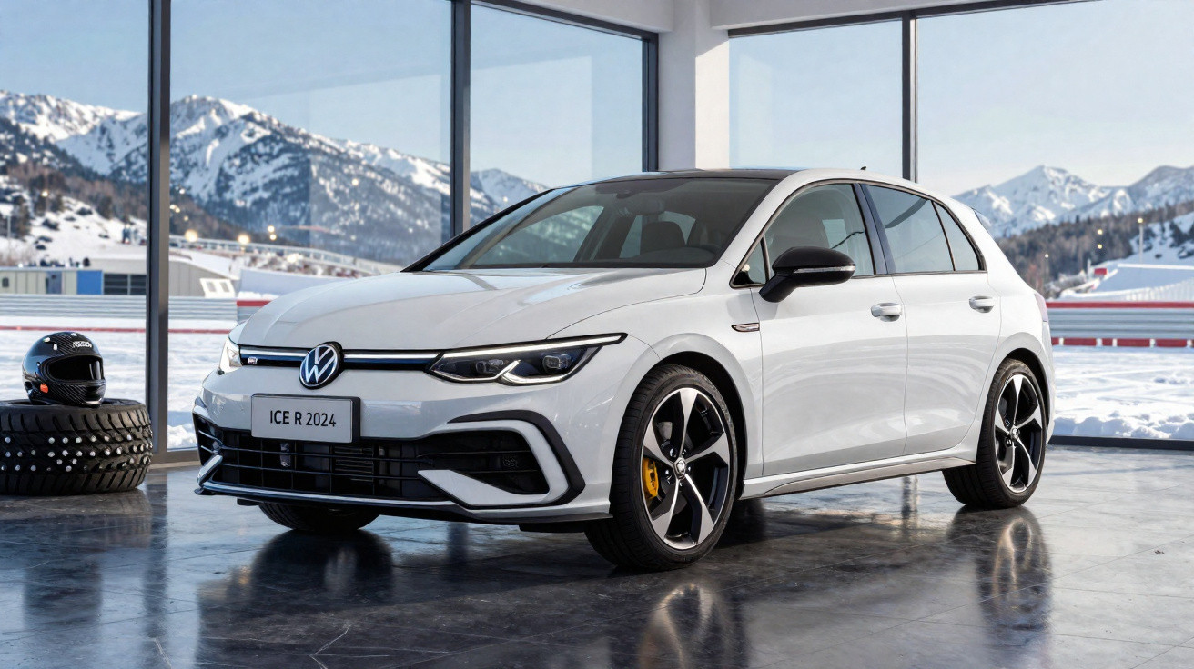 Carro esportivo branco Volkswagen ICE R 2024 em showroom com janelas e montanhas nevadas ao fundo.