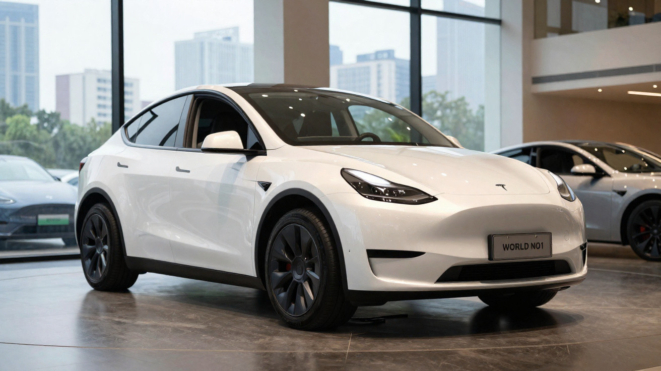 Carro elétrico Tesla branco estacionado em showroom moderno com grandes janelas e edifícios ao fundo.