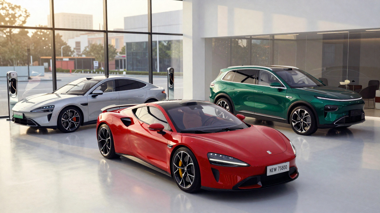 Três carros elétricos modernos em showroom espaçoso com grandes janelas e iluminação natural.