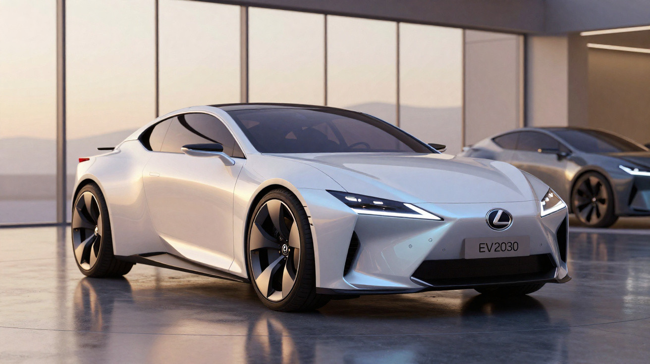 Carro elétrico esportivo branco Lexus EV 2030 em showroom moderno com outro carro ao fundo.