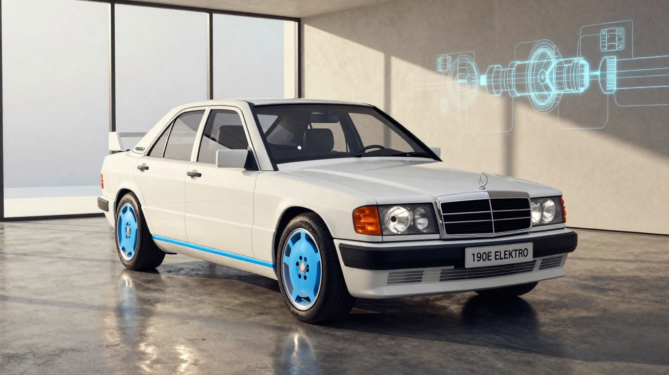 Carro elétrico Mercedes 190E Elektro branco com rodas azuis em ambiente minimalista.