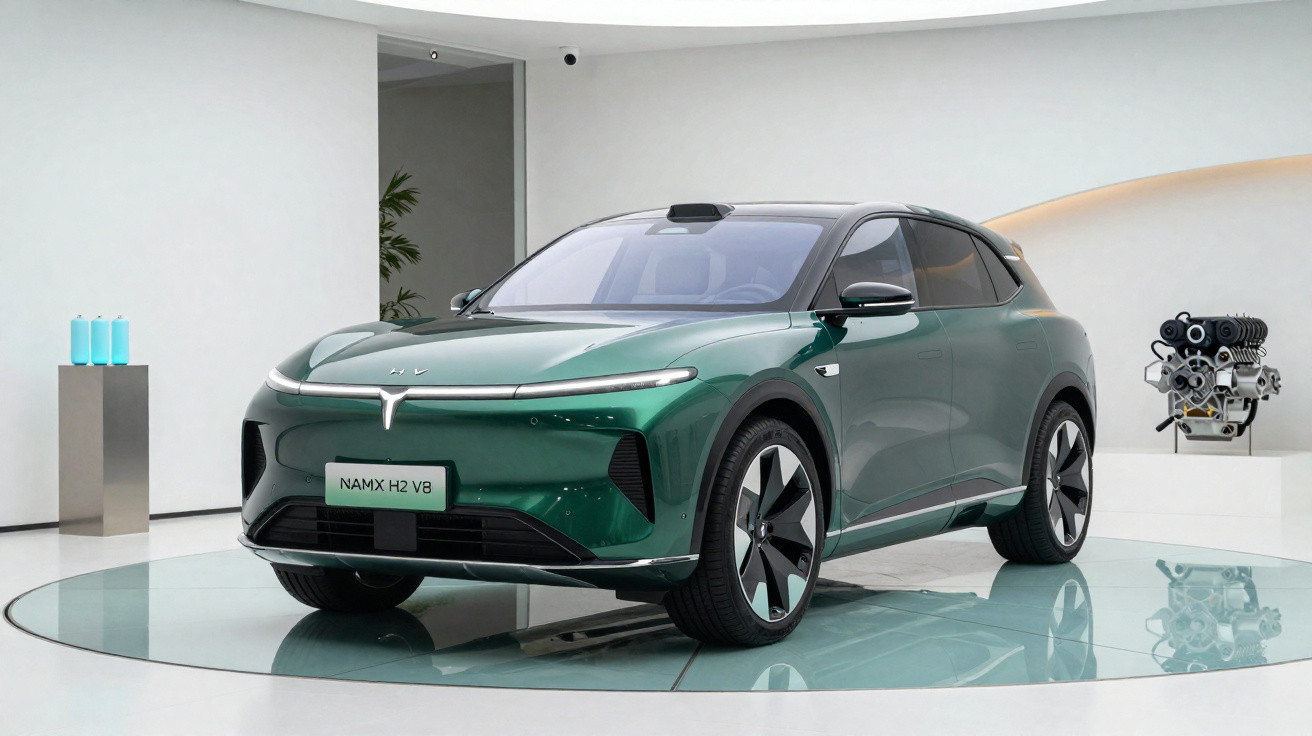 Carro SUV elétrico verde escuro modelo Namx H2 V8 em exposição em ambiente moderno e minimalista.