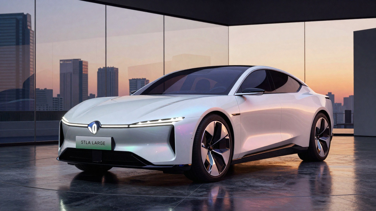 Carro elétrico branco moderno com design futurista estacionado em ambiente urbano ao pôr do sol.