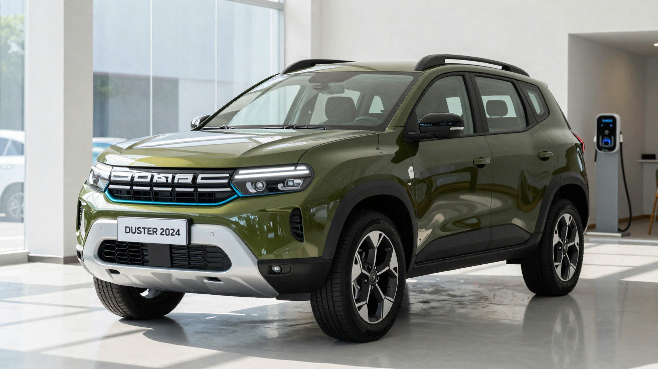 Carro SUV Duster 2024 verde exibido em showroom com piso branco e parede de vidro ao fundo.