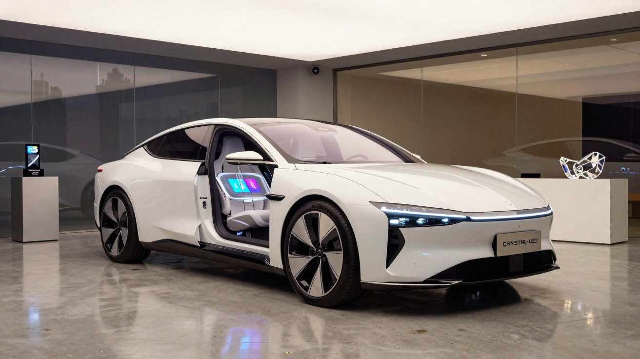 Carro elétrico branco com porta aberta mostrando interior tecnológico em ambiente moderno e minimalista.