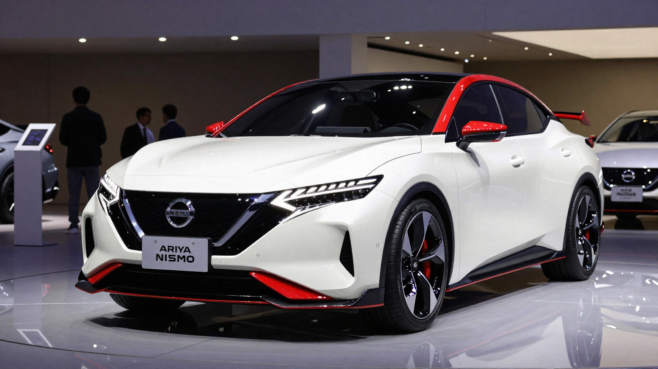 Carro esportivo Nissan Ariya Nismo branco com detalhes vermelhos em exposição interna.