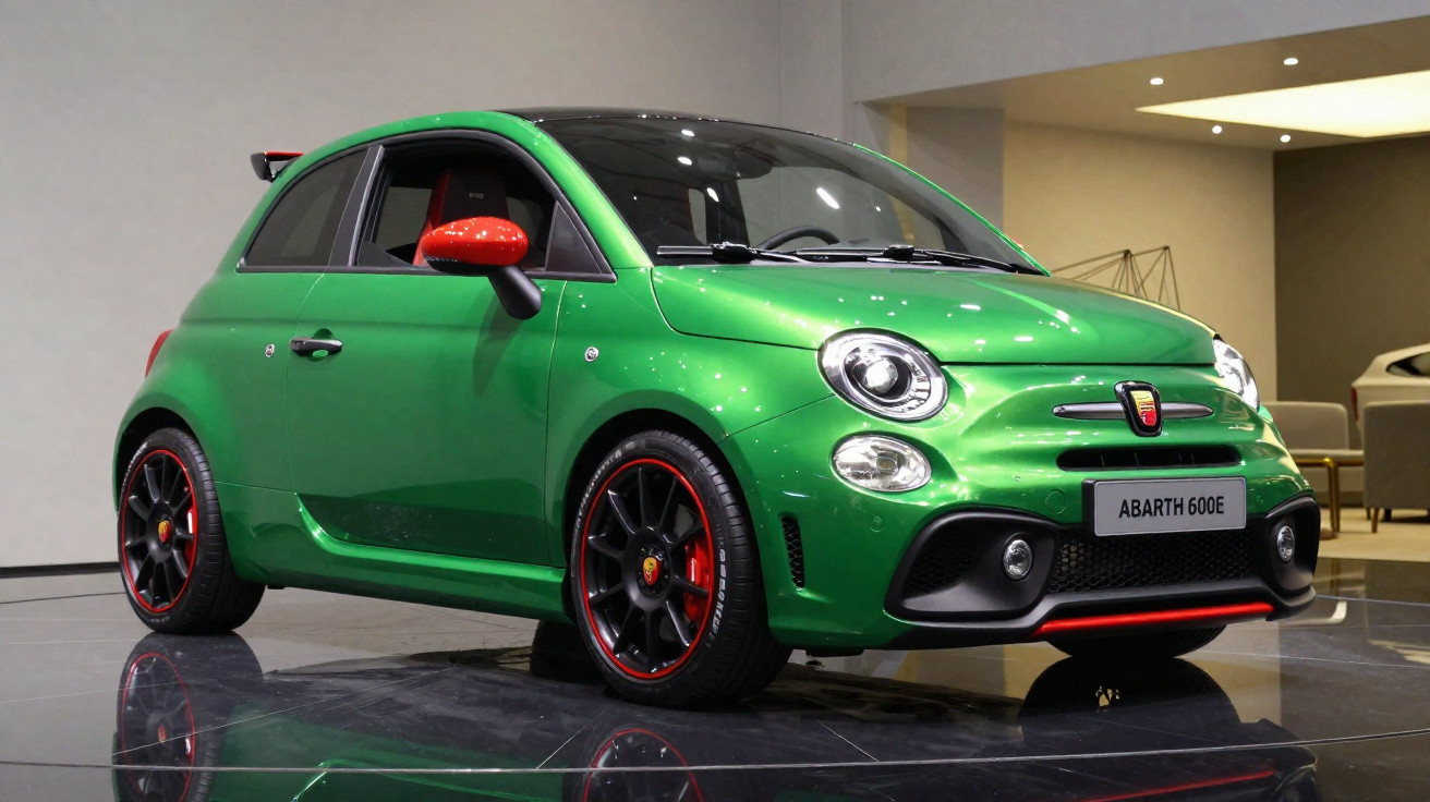 Carro esportivo compacto verde Abarth 600E com detalhes em vermelho exibido em ambiente interno.