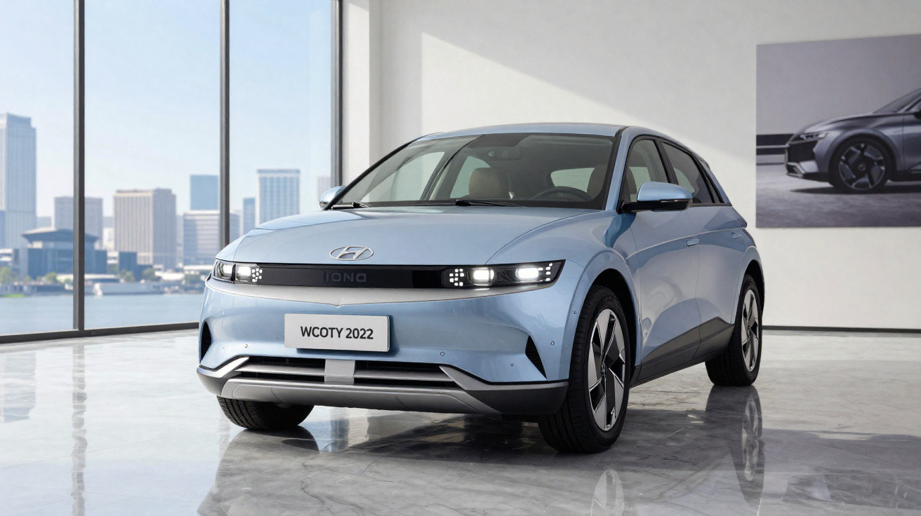 Carro elétrico Hyundai Ioniq 5 azul claro em exibição, com placa WCOTY 2022 em showroom moderno.