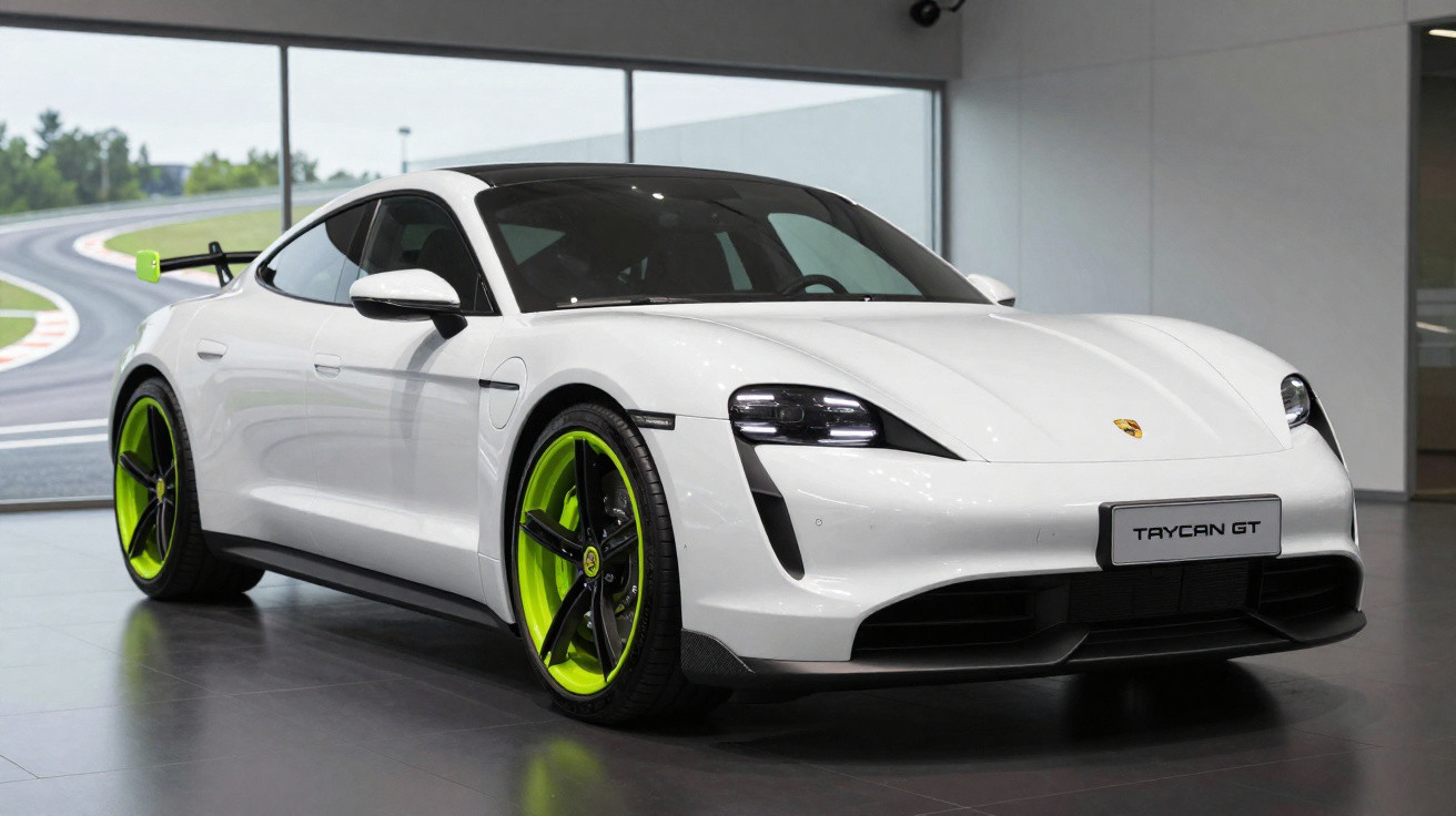 Carro esportivo Porsche Taycan GT branco com rodas verdes em ambiente interno moderno e pista ao fundo.