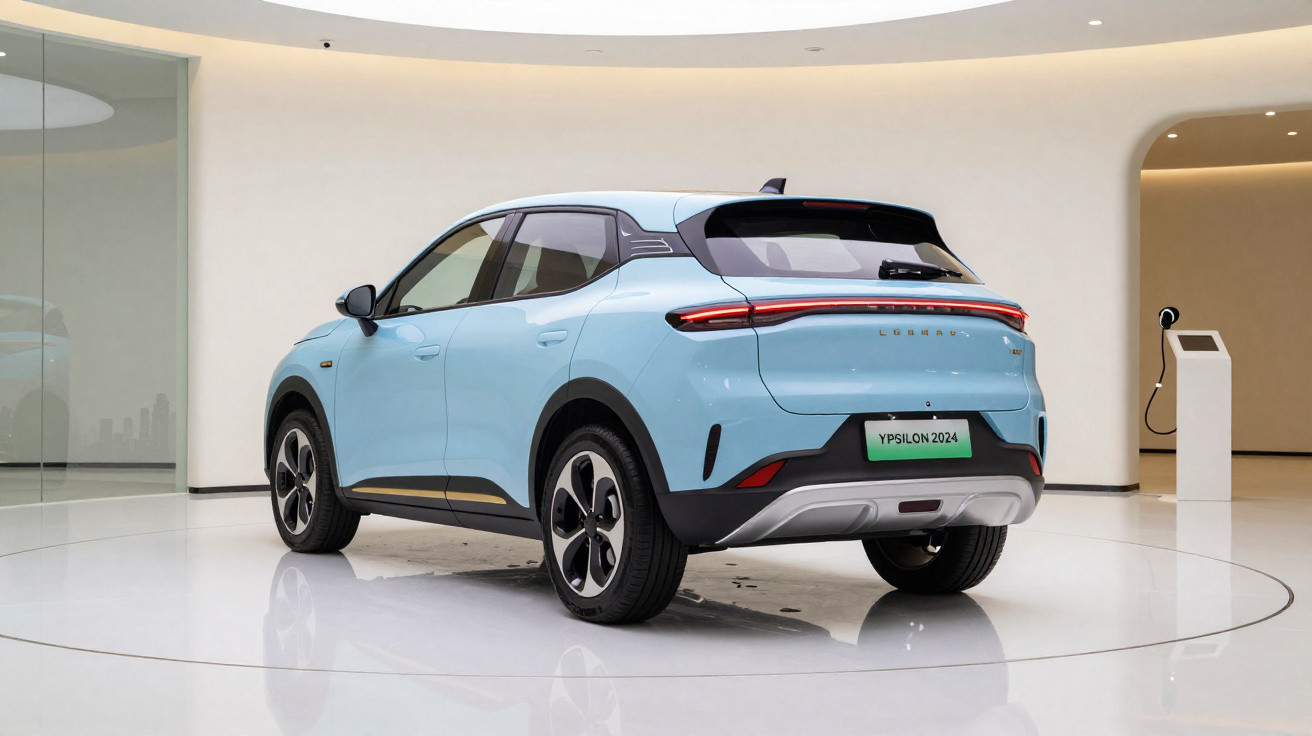 Carro elétrico azul claro exposto em ambiente interno moderno com carregador ao fundo.