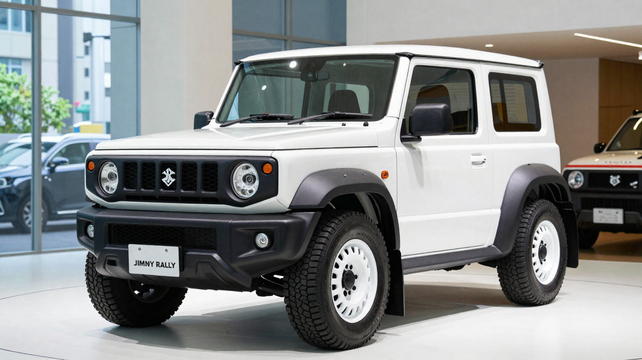 Carro branco Jimny Rally exposto em showroom com rodas grandes e design robusto.
