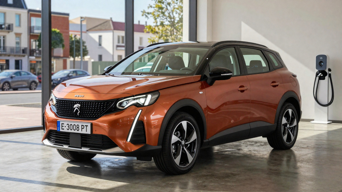 Carro elétrico SUV Citroën laranja estacionado em showroom com parede branca e estação de recarga ao fundo.