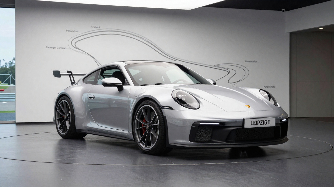 Carro esportivo Porsche prata em exposição interna com parede branca e desenho de pista ao fundo.
